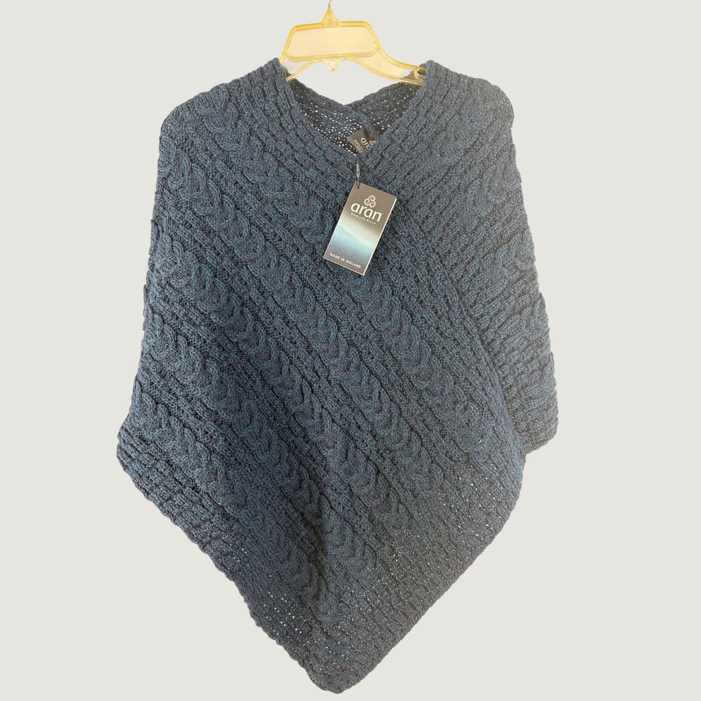 Aran Woollen Mills Poncho Womens One Size Teal Navy NEW Merino Wool Irish Knit